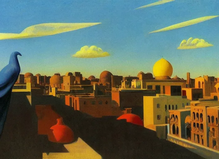 Image similar to old baghdad, clouds, bird, open ceiling, strange foreign objects, oil painting by edward hopper, chirico and rene magritte