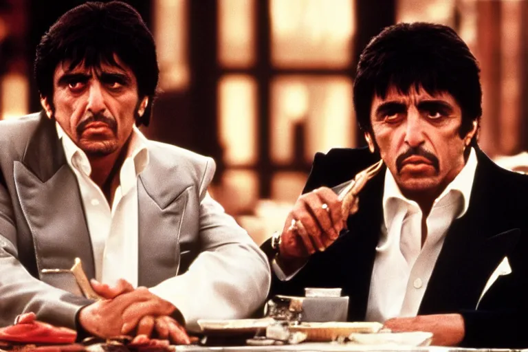 Image similar to tony montana from movie scarface 1 9 8 3 sitting behind a big black oak table with big large packages of flour. next to the night window. al pacino. perfect symmetric face, coherent eyes,, fine details, 4 k, ron cobb, cinestill