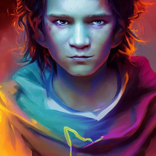 Image similar to a stylized portrait of a young boy with wavy brown hair and green eyes as an evil warlord, stylized, arcane magic, blue and purple vapor, neon color, vivid color, lens flare, volumetric light from below, background by justin gerard, hyperdetailed concept art by Ross Tran and Greg Rutkowski, high quality DnD illustration, trending on ArtStationHQ, 8k