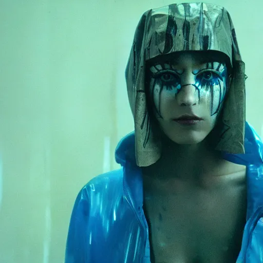 Prompt: cinematic portrait of a runaway replicant with tribal facepaint and a blue transparent plastic raincoat in an empty room, still from the movie bladerunner, fashion photography