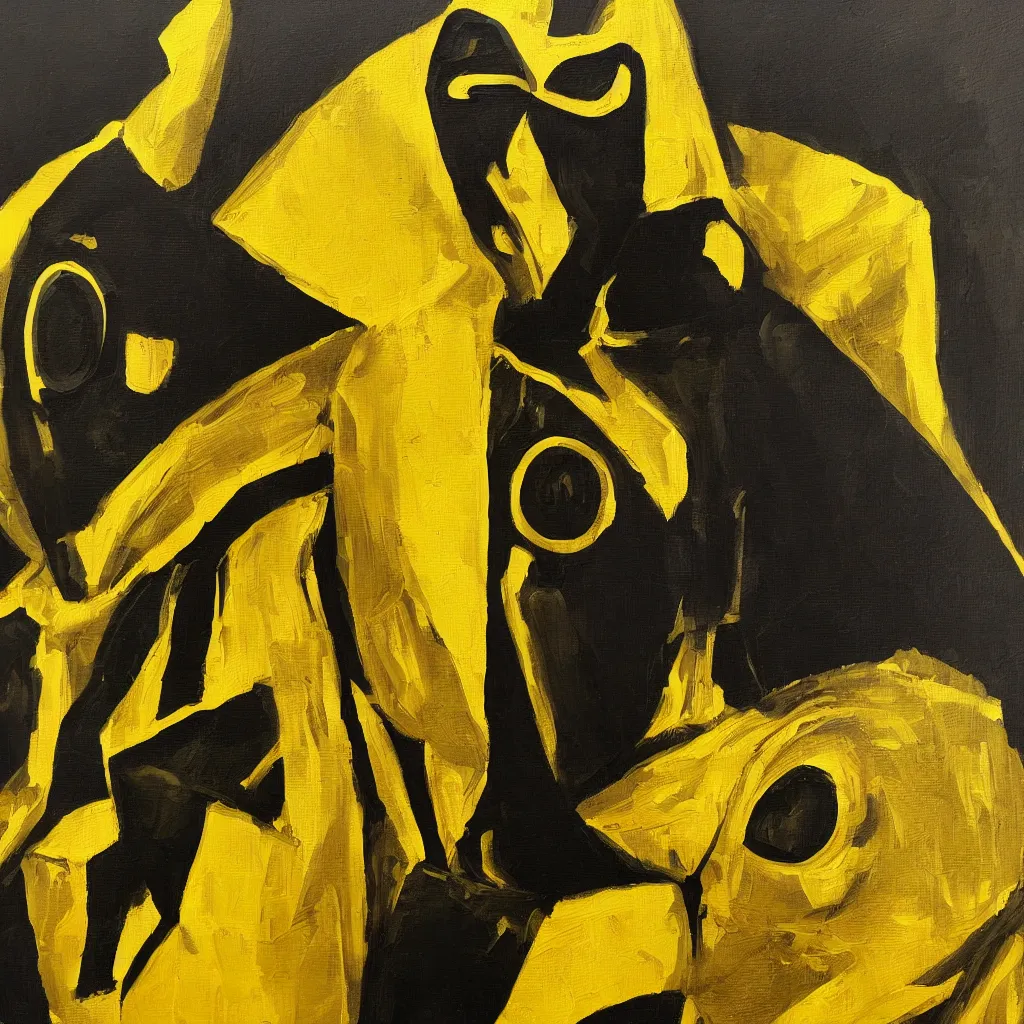 Image similar to android dressed in mask and robes, gold yellow and black colour scheme, canvas, oil paint style