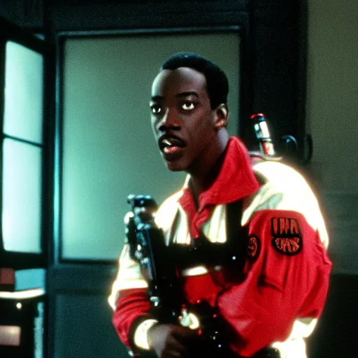 Image similar to young Eddie Murphy as a Ghostbuster in a still from the movie Ghostbusters 8k hdr