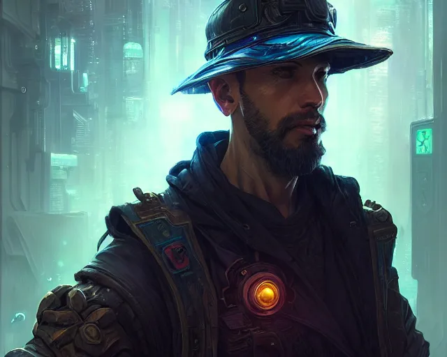 Image similar to man wearing a cyberpunk hat, deep focus, d & d, fantasy, intricate, elegant, highly detailed, digital painting, artstation, concept art, matte, sharp focus, illustration, hearthstone, art by artgerm and greg rutkowski and alphonse mucha