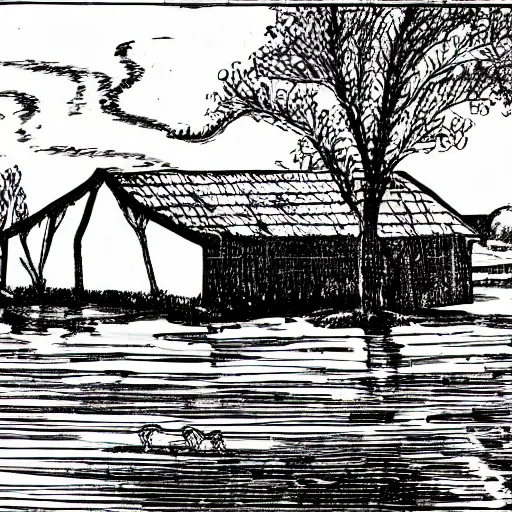 Image similar to black and white comic of a farmhouse beside a lagoon