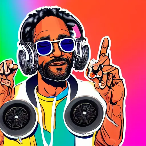 Image similar to svg sticker of a Dancing-Ben-Harper-Snoop-Spike-Lee-with-a-large-Afro-Puff, at a rave, spinning records, giant headphones rocking out, wearing headphones, huge speakers, dancing, rave, DJ, spinning records, digital art, amazing composition, rule-of-thirds, award-winning, trending on artstation, featured on deviantart