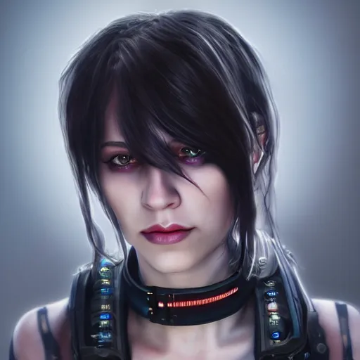 Image similar to realistic female character cyberpunk wearing technological collar around neck, realistic, art, beautiful, 4K, collar, choker, collar around neck, punk, artstation, detailed, female, woman, choker, dark, collar, choker,