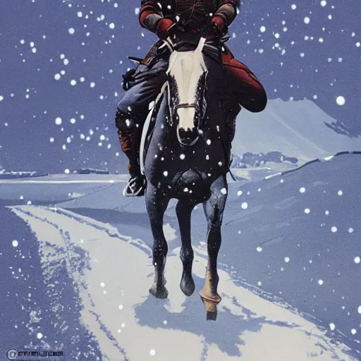 Image similar to a painting of a person on a horse in the snow, poster art by otomo katsuhiro, cgsociety, nuclear art, reimagined by industrial light and magic, official art, poster art