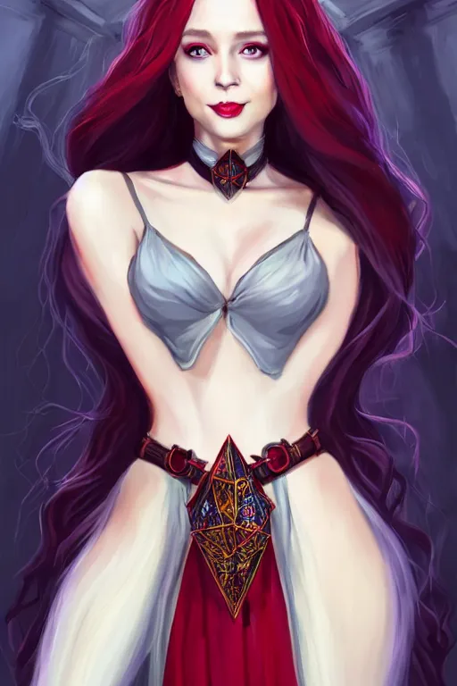 Image similar to a full body portrait of a gorgeous female sorceress, looking at camera, D&D, choker on neck, stylish dress, very long flowing red hair, intricate, elegant, stylish, cute slightly nerdy smile, mouth slightly open, fantasy, extremely detailed, digital painting, artstation, concept art, smooth, sharp focus, illustration, stunning lighting, art by artgerm and greg rutkowski and alphonse mucha and simon stalenhag