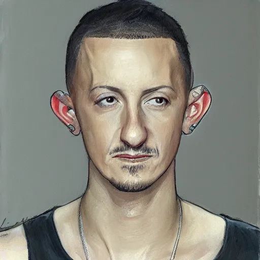 Prompt: portrait of chester bennington in a tank top singing, in the style of john singer sargent