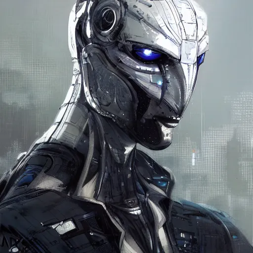 Prompt: portrait of a character with many robotic eyes, wearing sleek clothes, wearing a flowing white tailcoat, wearing a futuristic insectoid armored white mask with five circular lenses for eyes, the mask covers his entire face, many eyes, dramatic lighting, illustration by Greg rutkowski, yoji shinkawa, 4k, digital art, concept art, trending on artstation