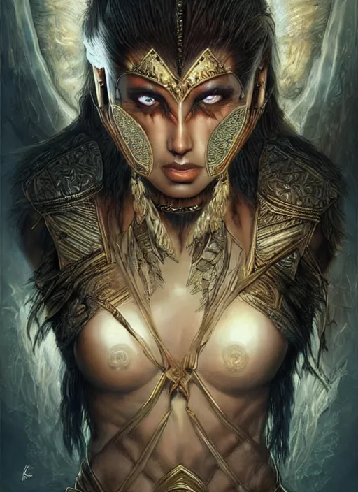 Image similar to a highly detailed symmetrical painting of a female amazon warrior with piercing beautiful eyes in dark tomb setting, dynamic lighting, ambient lighting, deviantart, art by artgerm and karol bak and mark brooks