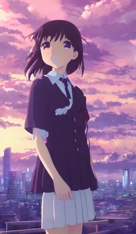 Prompt: anime fine details portrait of a school girl in front of modern tokyo city landscape on the background deep bokeh, close-up view, anime masterpiece by Makoto Shinkai, 8k, sharp high quality anime, artstation