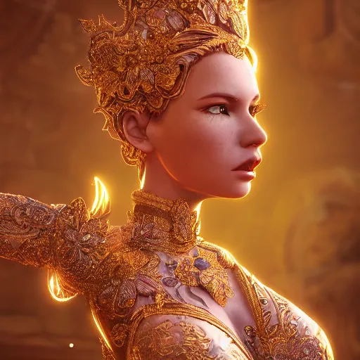 Image similar to portrait of wonderful princess, glowing, ornate and intricate, jaw dropping, dynamic lighting, intricate and detailed, 4 k octane render