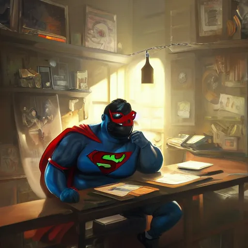 Image similar to a insanely detailed painting of a chubby masked asian man wearing a superhero costume sitting at a desk, staring at the nervously at the computer typing, in the style of peter mohrbacher, dramatic lighting and composition, trending on artstation, concept art, comic book