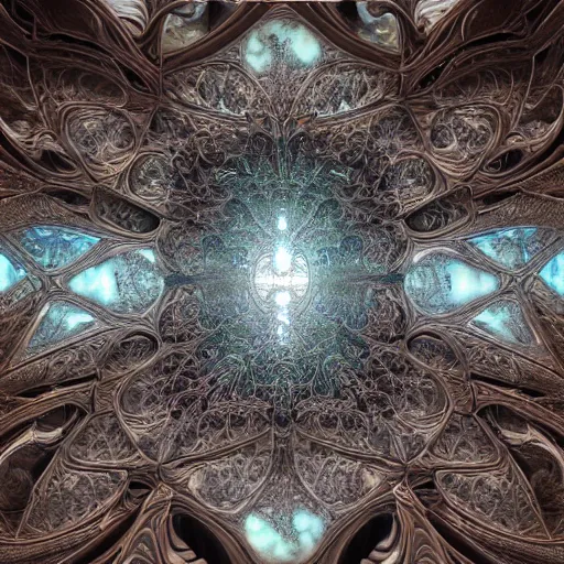 Image similar to a beautiful 3 d painting of a huge sprawling fractal cathedral interior populated by mandelbrot fractals by android jones, unreal engine, carved stone, carved soap, white color scheme, volumetric lighting, octane render, dramatic lighting, glowing, carved marble, opalescent, sacred geometry, religious, angelic, catholicpunk, stark, 8 k, ultra detailed