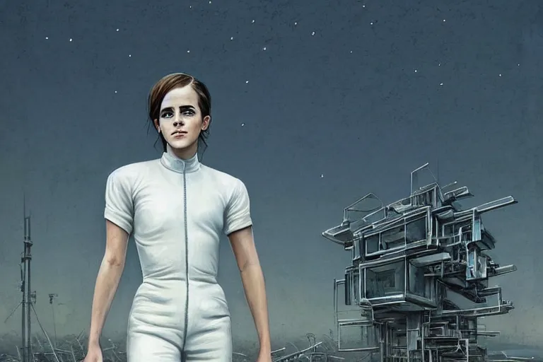 Prompt: beautiful painting of Emma Watson wearing a white leather jumpsuit in a futuristic house in the style of Simon Stålenhag and H. R. Giger, detailed, trending on Artstation