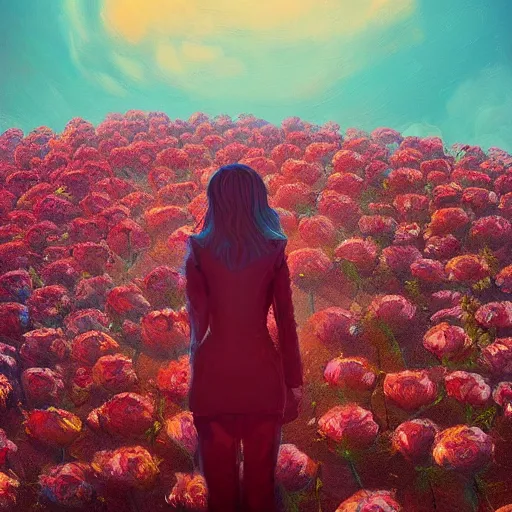 Image similar to portrait, giant rose flower head, girl in a suit, surreal photography, sunrise, blue sky, dramatic light, impressionist painting, digital painting, artstation, simon stalenhag