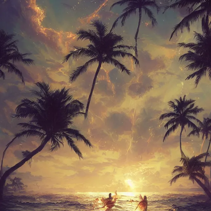 Prompt: dolphins swimming, golden hour, god rays, by greg rutkowski and artgerm and ruan jia and ismail inceoglu and greg olsen, palm trees, cosmos, milky way galaxy, masterpiece, beautiful, intricate, elegant, highly detailed