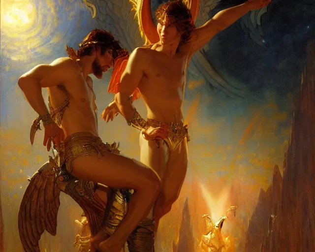 Image similar to attractive pagan male deity, summoning handsome lucifer morning star. highly detailed painting by gaston bussiere, craig mullins, j. c. leyendecker 8 k