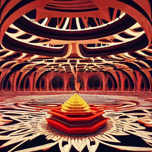 Prompt: interior of a futuristic lotus mandala temple with gold, red and white marble panels, in the desert, by buckminster fuller and syd mead, intricate contemporary architecture, photo journalism, photography, cinematic, national geographic photoshoot