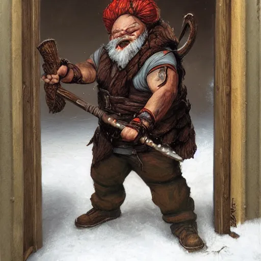 Image similar to a gnome with a brown beard smashing through a door with a battle axe, realistic, detailed, trending on ArtStation, by Gerald Brom