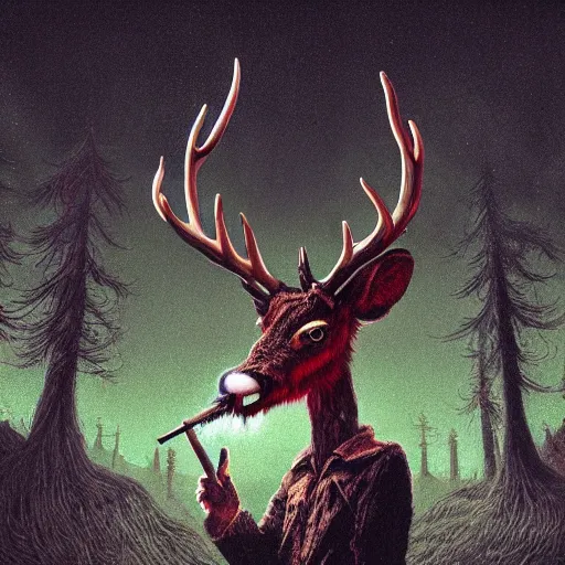 Image similar to 4 k headshot portrait of a psychedelic demonic anthropomorphic deer - horned wendigo smoking a hand - rolled cigarette smoking heavily, magic mushroom village in background. award winning. superb resolution. in the art style of junji ito and greg rutkowski. detailed mushroom city in background. hyper realistic anime. perfect art. dalle 2