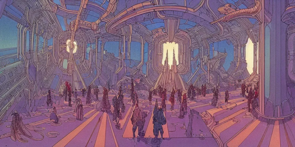 Prompt: cel shaded matte illustration, cinematic shot of the interior of a sci - fi space station with ornate elven architecture bustling with people, epic castle, emerald, crystalline, detailed illustration, sharp focus, crisp lines, art by moebius!!!, jean giraud moebius!!! comic illustration