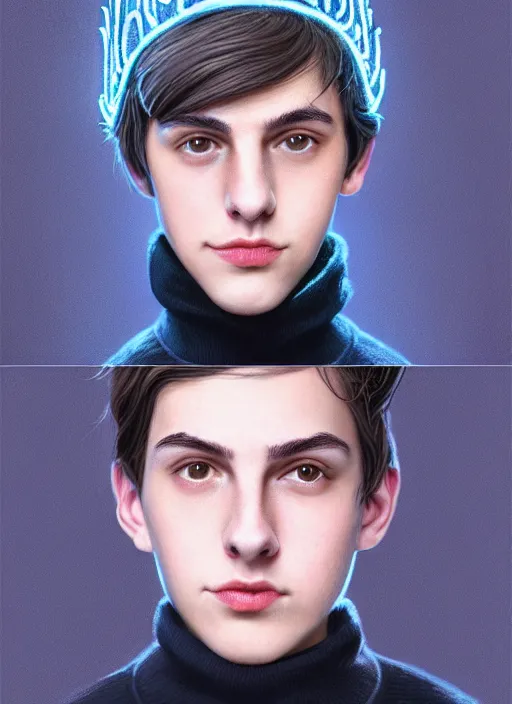 Image similar to portrait of teenage jughead jones wearing a light grey crown, crown, blue turtleneck, closed eyes, photorealistic, black hair, glowing lighting, intricate, elegant, glowing lights, highly detailed, digital painting, artstation, concept art, smooth, sharp focus, illustration, art by wlop, mars ravelo and greg rutkowski