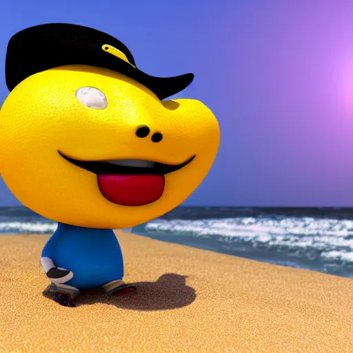 Prompt: 3 d render, of anthropomorphic lemon character with an angry look on his face, he is wearing a hat, relaxing on the beach at sunset, beach, waves, sun, rim light, cinematic photography, professional, sand, sandcastle, volumetric lightening