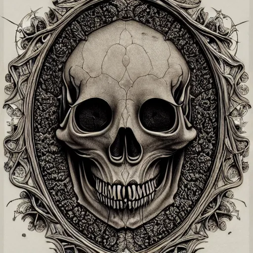 Image similar to memento mori by arthur rackham, art forms of nature by ernst haeckel, ultrasharp, photorealistic, hyperdetailed, octane render, polished, art nouveau, gothic, ornately carved antique bone beautiful skull mask dominant, intricate ornamental organic filigree, art nouveau botanicals, art forms of nature by ernst haeckel, horizontal symmetry, symbolist, visionary