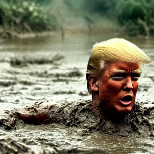 Image similar to the terminator disguised as donald trump, rising out of muddy vietnam river, face covered in mud, low camera angle at water level, night time, film still from apocalypse now ( 1 9 7 9 ), 2 6 mm,