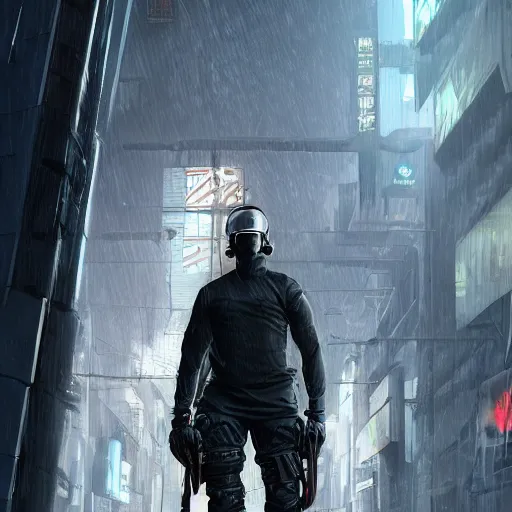 Prompt: A broad shouldered, muscular man in a Acronym Riot Division techwear outfit, Acronym P31-ds pants, trending on r/techwearclothing, high quality, digital art, dire cyberpunk city, gray sky, greg rutkowski