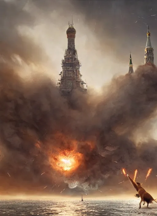 Prompt: hyper realistic giant fluffy caracal attacking moscow city harbor explosions, atmospheric beautiful details, strong composition painted by kim jung giu weta studio rutkowski, james gurney and greg rutkowski, and lucasfilm