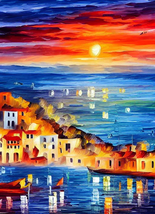 Prompt: beautiful seaside greek village and boats at sunset in the style of leonid afremov