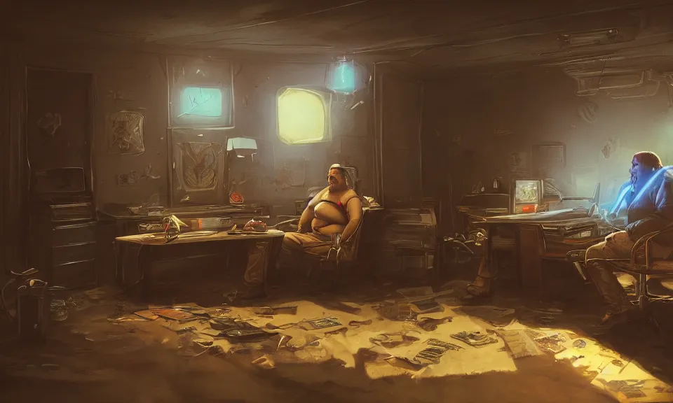 Image similar to artstation scifi scene of a shabby american room in 1 9 7 0 s, shabby room, old tv, a fat man plays dungeons and dragons with ghost, unreal engine 5, hyper realism, realistic shading, cinematic composition, blender render, octane render, hdr, detailed textures, photorealistic, wide shot