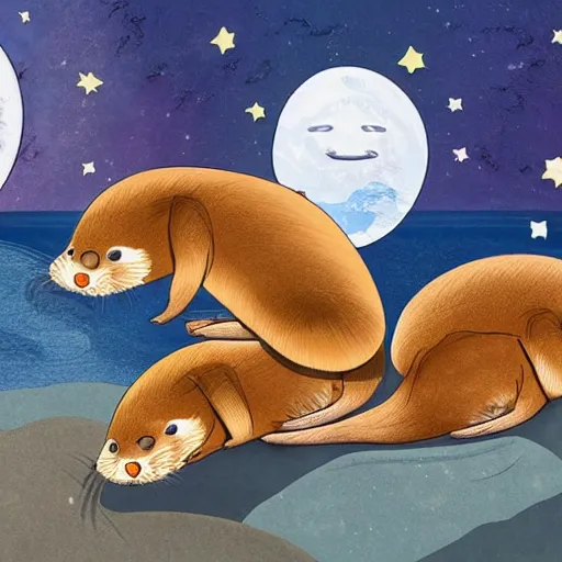 Image similar to otters having a swanky party on the moon