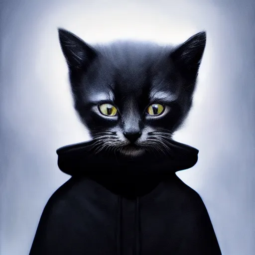 Image similar to a portrait of a kitten wearing a black hood, cloak covering face, anatomically correct, beautiful perfect face, enigmatic, oil painting, matte, black background, Volumetric dynamic lighting, Highly Detailed, Cinematic Lighting, Unreal Engine, 8k, HD, by Beksinski