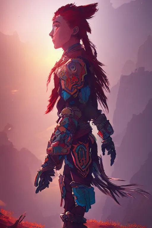 Image similar to combination suit armor aloy horizon forbidden west horizon zero dawn radiating a glowing aura global illumination ray tracing hdr fanart arstation by ian pesty and alena aenami artworks in 4 k tribal robot ninja mask helmet backpack