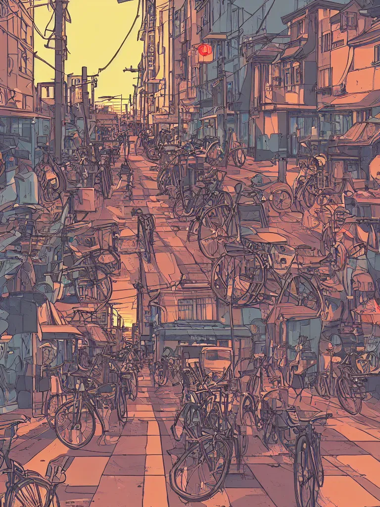 Image similar to a digital art of a close up view of a japanese street, sunset, bikes and pedestrians, by laurie greasley, artstation, studio ghibli color scheme