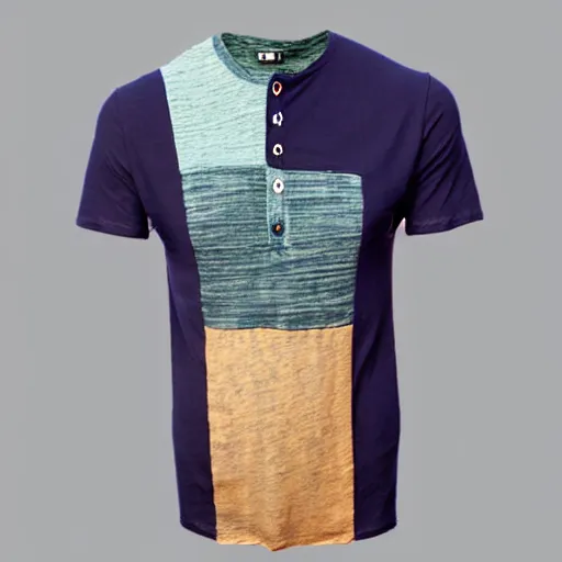 Prompt: a men's henley tshirt, with patchwork color fashion from the 8 0 s