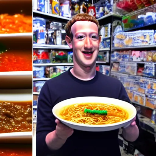 Prompt: mark zuckerberg eating gummy worm ramen