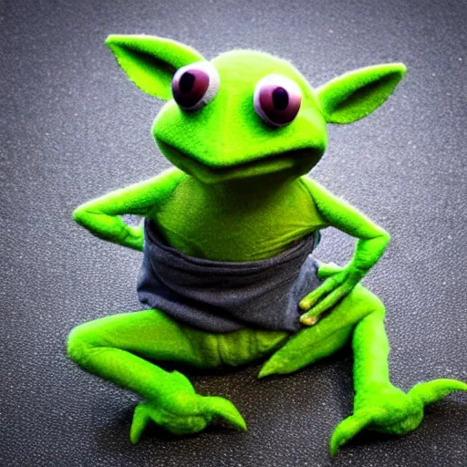 Image similar to photo of hybrid of kermit the frog and yoda with abs