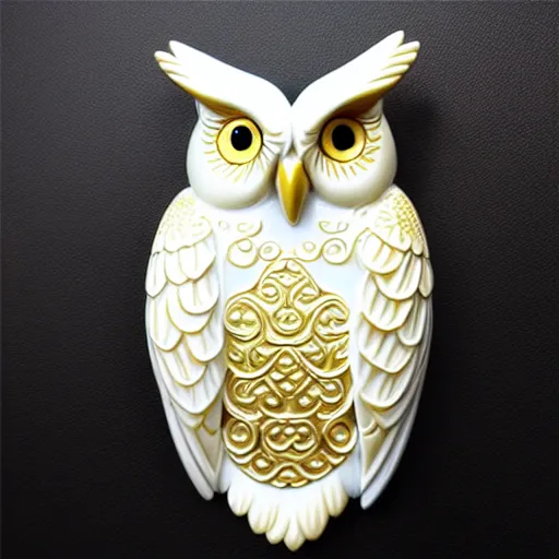 Image similar to gorgeous ornated snow white porcelain realistic detailed sacred owl wall decoration with golden filigree carved out of ivory