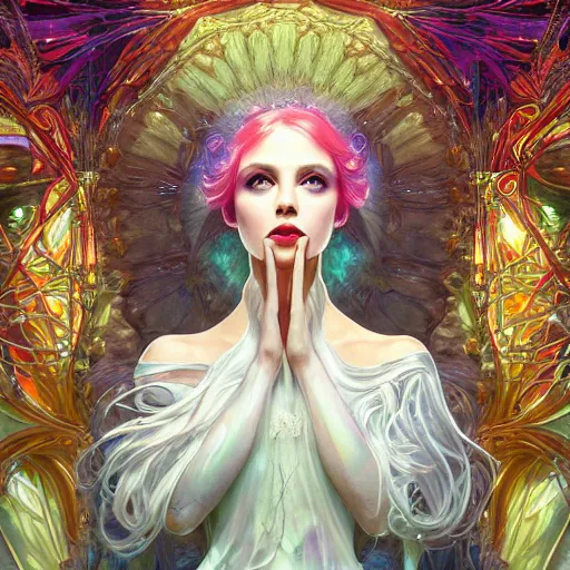 Prompt: a photograpic portrait of a anthropomorphic crystal wearing white clothes, iridescent colors, fantasy, intricate, elegant, highly detailed, digital painting, artstation, concept art, smooth, sharp focus, illustration, art by artgerm and H R Giger and alphonse mucha