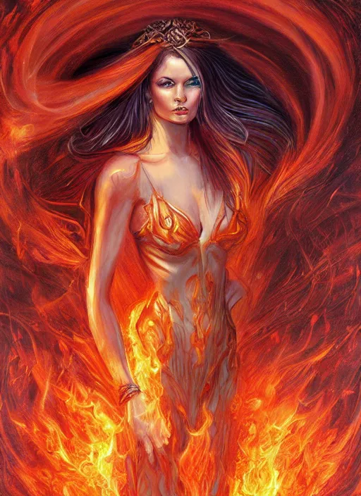Image similar to a goddess walking through flames, hyperdetailed, digital drawing, artstation, intricate, elegant, by Julie Bell