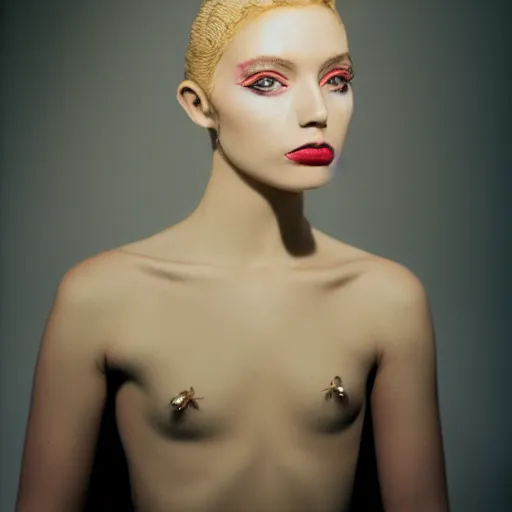 Prompt: medium format color portrait of a model with surreal style, studio lighting