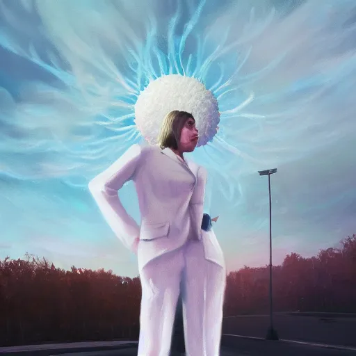 Image similar to giant white daisy flower head, frontal, girl in a suit, standing in street, surreal photography, sunrise, dramatic light, impressionist painting, digital painting, artstation, simon stalenhag