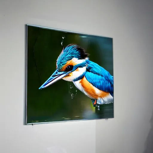 Image similar to wall art of a real life kingfisher made out of reflective crystal and very reflective polished metal, in the background is a forest, product photography