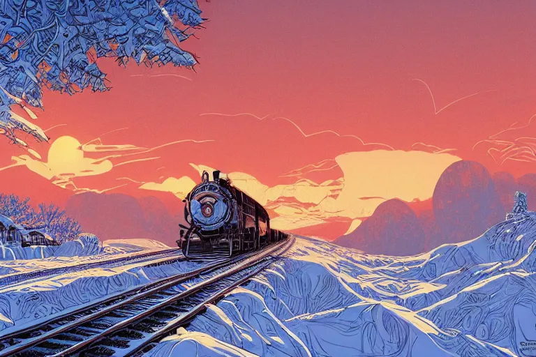 Image similar to trans - siberian express train illustration by joe fenton and syd mead and p. craig russell and barry windsor - smith, artstation, 4 k, graphic novel, concept art, matte painting, beautiful russian winter landscape sunset background, golden hour, art nouveau