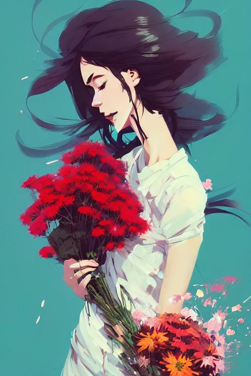 Image similar to a ultradetailed painting of a stylish girl holding a bouquet of flowers by conrad roset, greg rutkowski and makoto shinkai trending on artstation